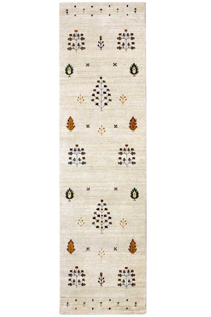 Gabbeh runner with a beige background and colorful geometric patterns, rectangular (82x299 cm)