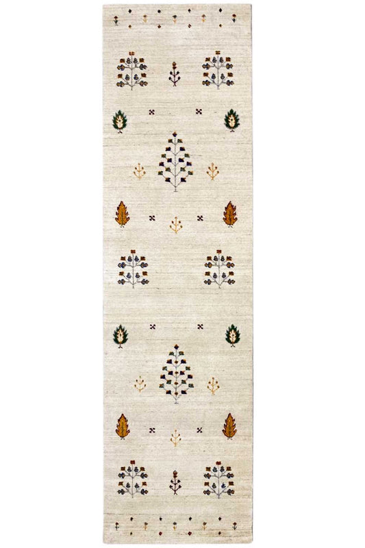Gabbeh runner with a beige background and colorful geometric patterns, rectangular (82x299 cm)