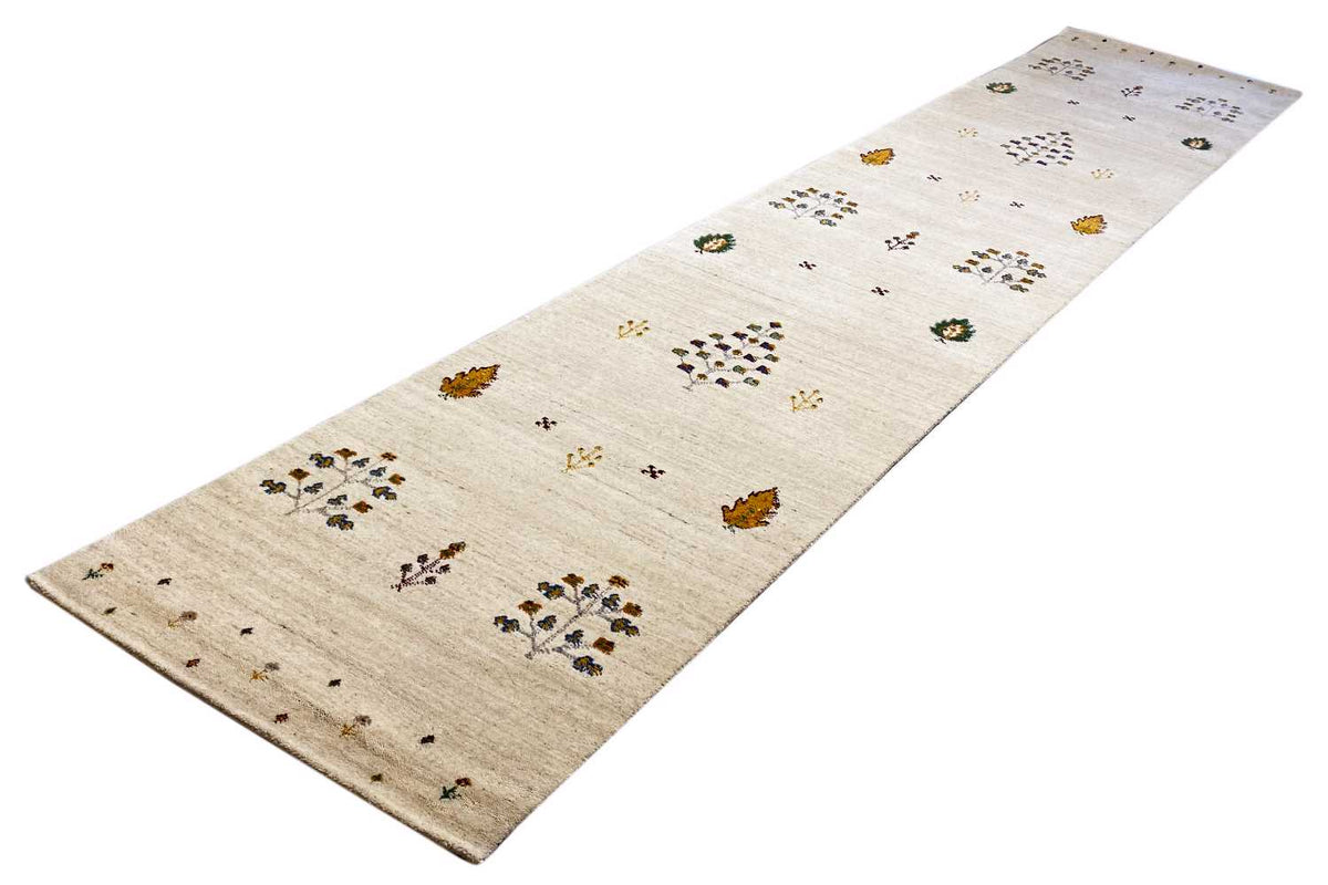 Gabbeh runner 78x400 cm, cream-colored runner with floral and tile ornaments