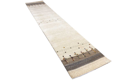 Beige Oriental runner with a gray border and colorful cross motifs, narrow
