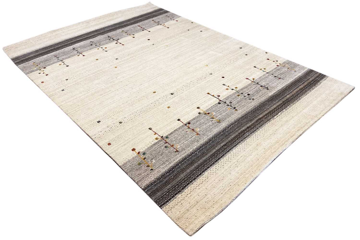 Beige gabbeh rug with gray borders and delicate colorful cross motifs