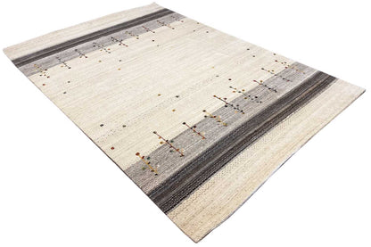 Beige gabbeh rug with gray borders and delicate colorful cross motifs