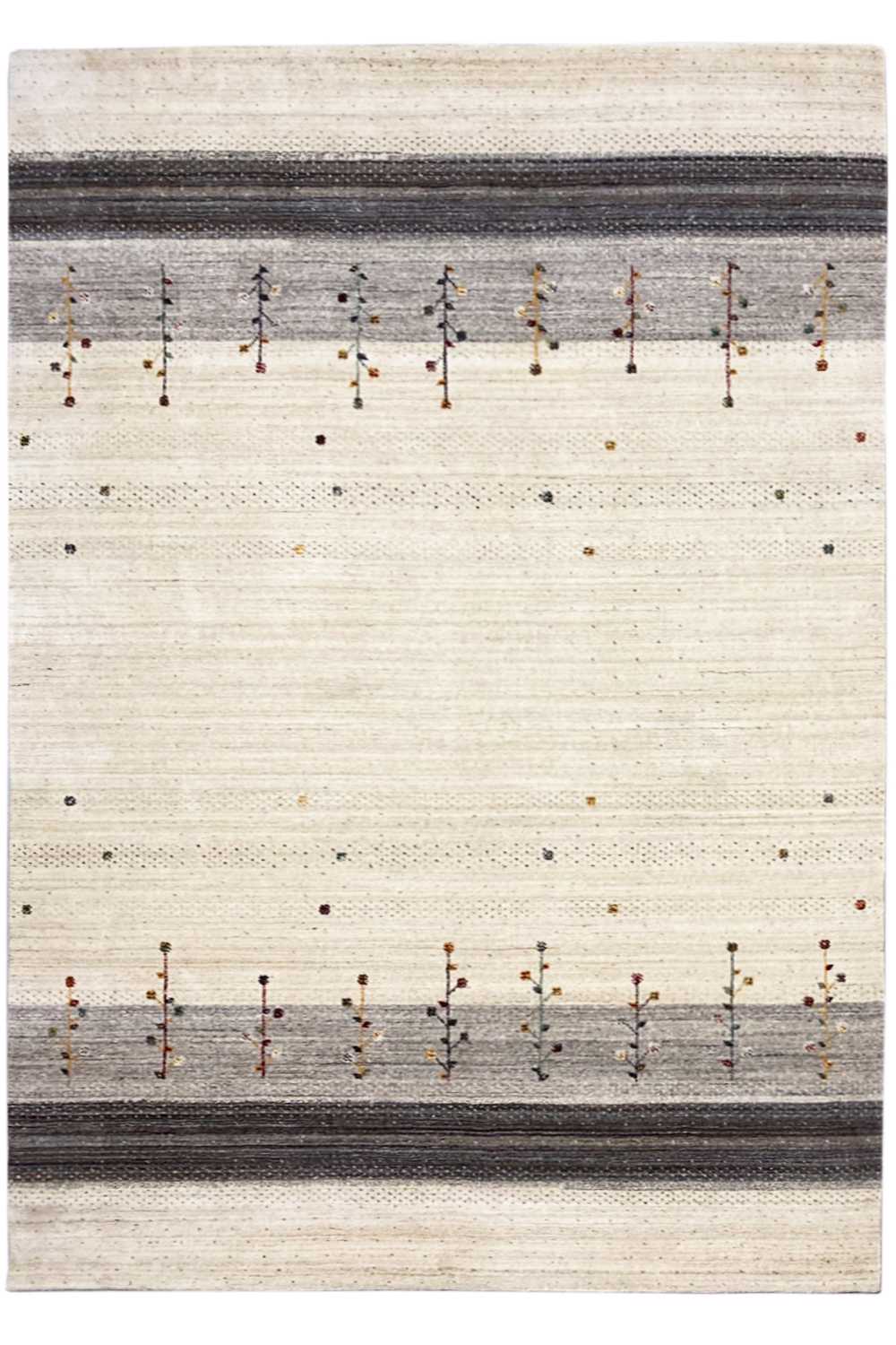 Gabbeh rug with a beige background, dark decorative stripes, and rows of colorful ornaments
