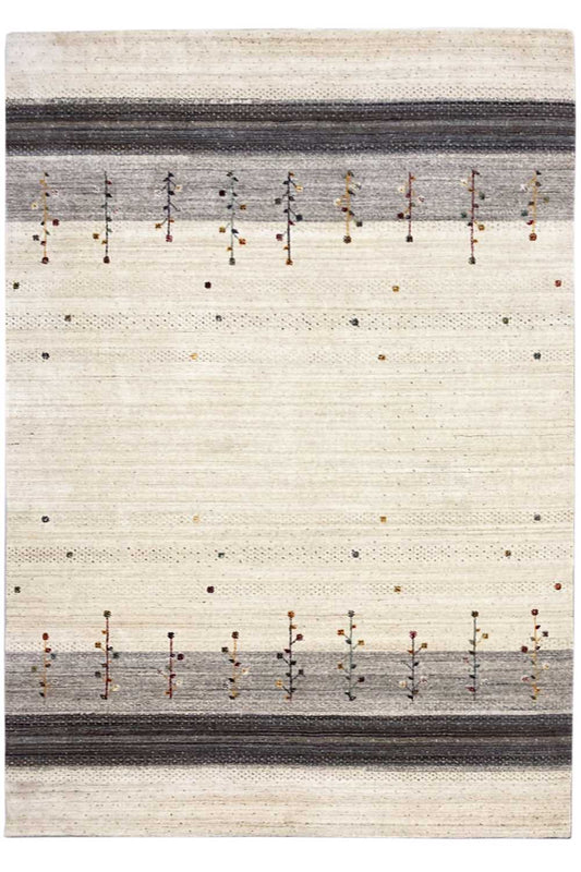 Gabbeh rug with a beige background, dark decorative stripes, and rows of colorful ornaments