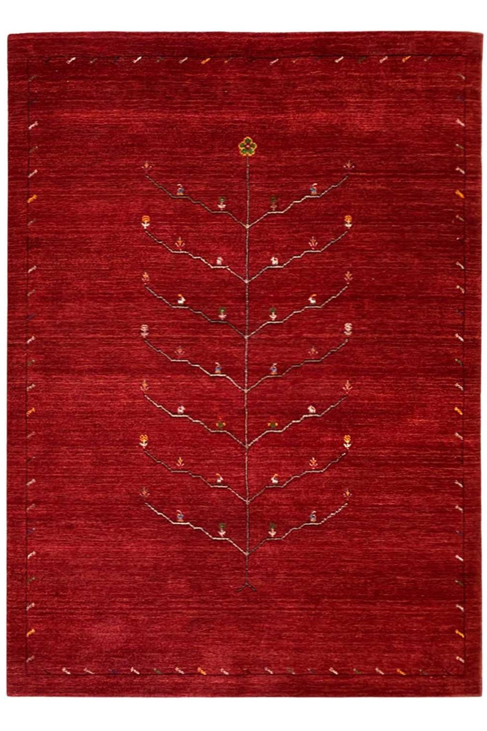Red Gabbeh rug with a beige tree-vine pattern, rectangular