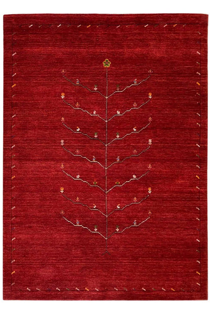 Red Gabbeh rug with a beige tree-vine pattern, rectangular