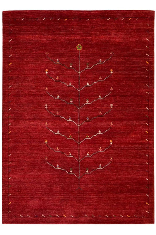 Red Gabbeh rug with a beige tree-vine pattern, rectangular