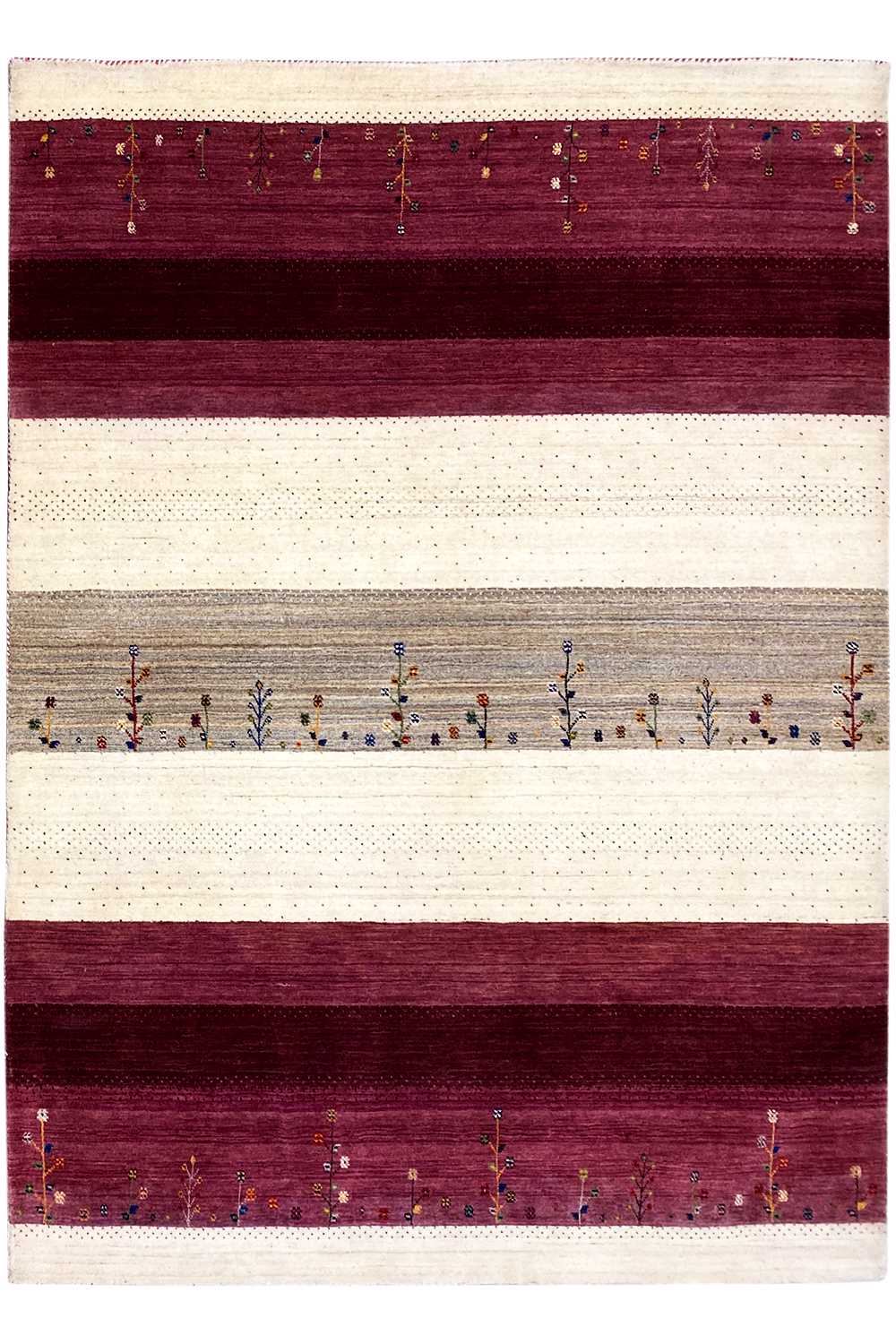 Gabbeh rug with cream-colored and burgundy stripes and fine ornamental lines