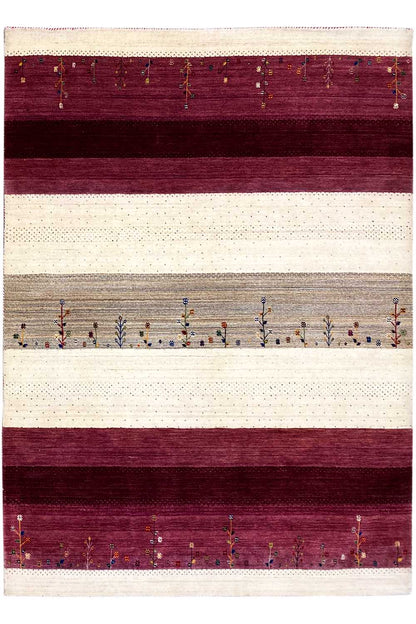 Gabbeh rug with cream-colored and burgundy stripes and fine ornamental lines
