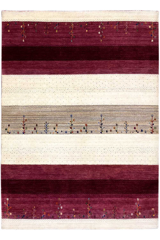 Gabbeh rug with cream-colored and burgundy stripes and fine ornamental lines
