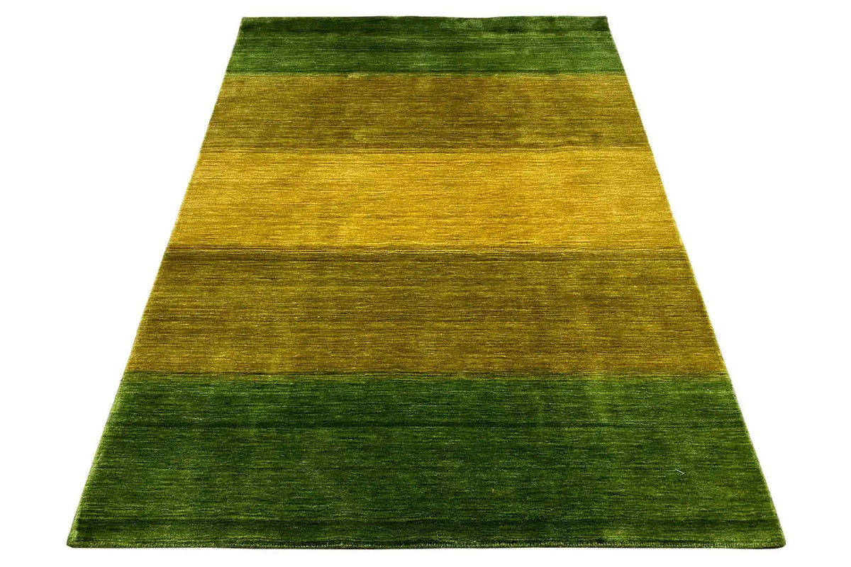 Gabbeh rug 200x138 cm with green and yellow bands of color, rectangular