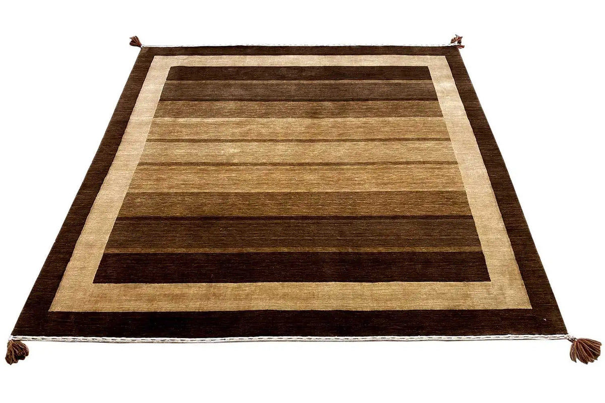 Gabbeh rug with elongated brown and beige stripes, wide light border, fringes.