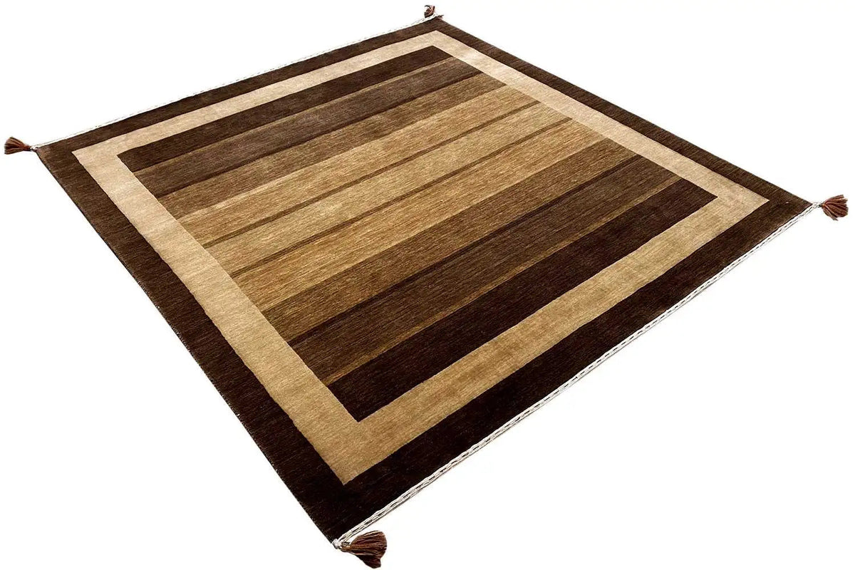 Diamond-shaped Gabbeh rug with a striped pattern, beige inner border, corner fringes.