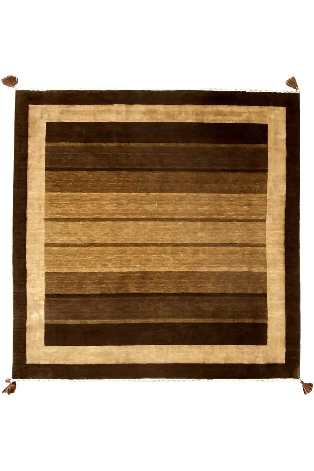 Gabbeh rug with a striped pattern, beige border and brown frame, corner fringes.