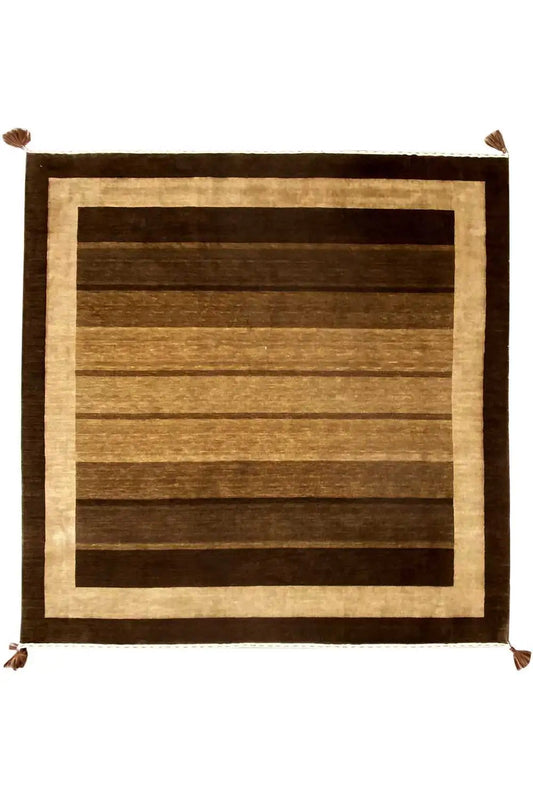 Gabbeh rug with a striped pattern, beige border and brown frame, corner fringes.