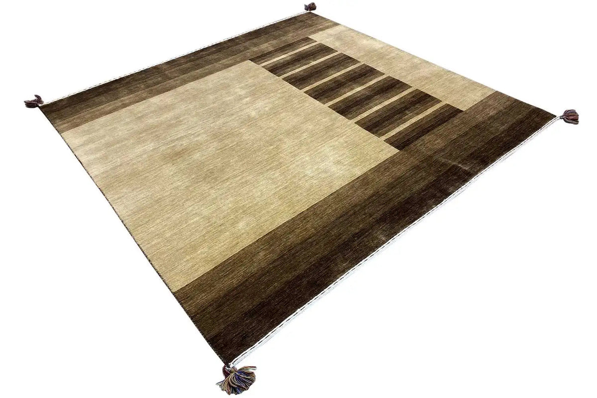 Gabbeh rug (201x201 cm) diagonal: beige block, dark stripes, tassels