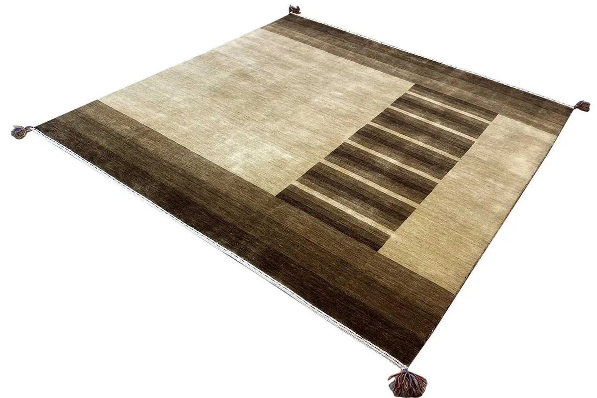 Gabbeh rug (201x201 cm) diagonal: beige center, brown stripes, tassels