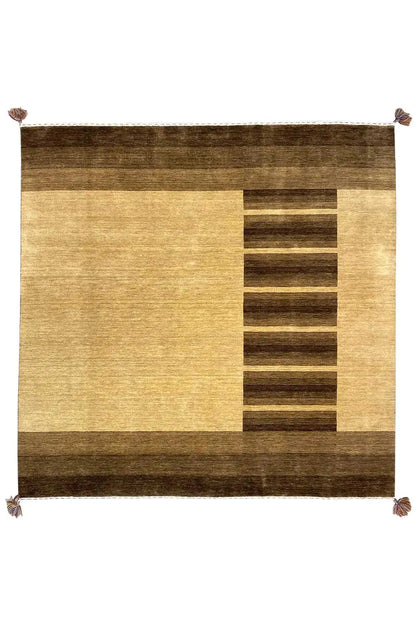 Gabbeh rug (201x201 cm) with a beige background, brown block stripes, and tassels