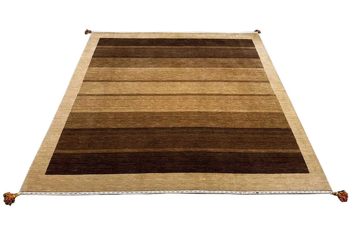 Gabbeh rug 205x201 cm, diagonally oriented, brown/beige stripes, corner fringes