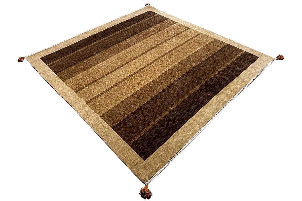 Gabbeh rug 205x201 cm in diamond style, brown and beige stripes, corner fringes