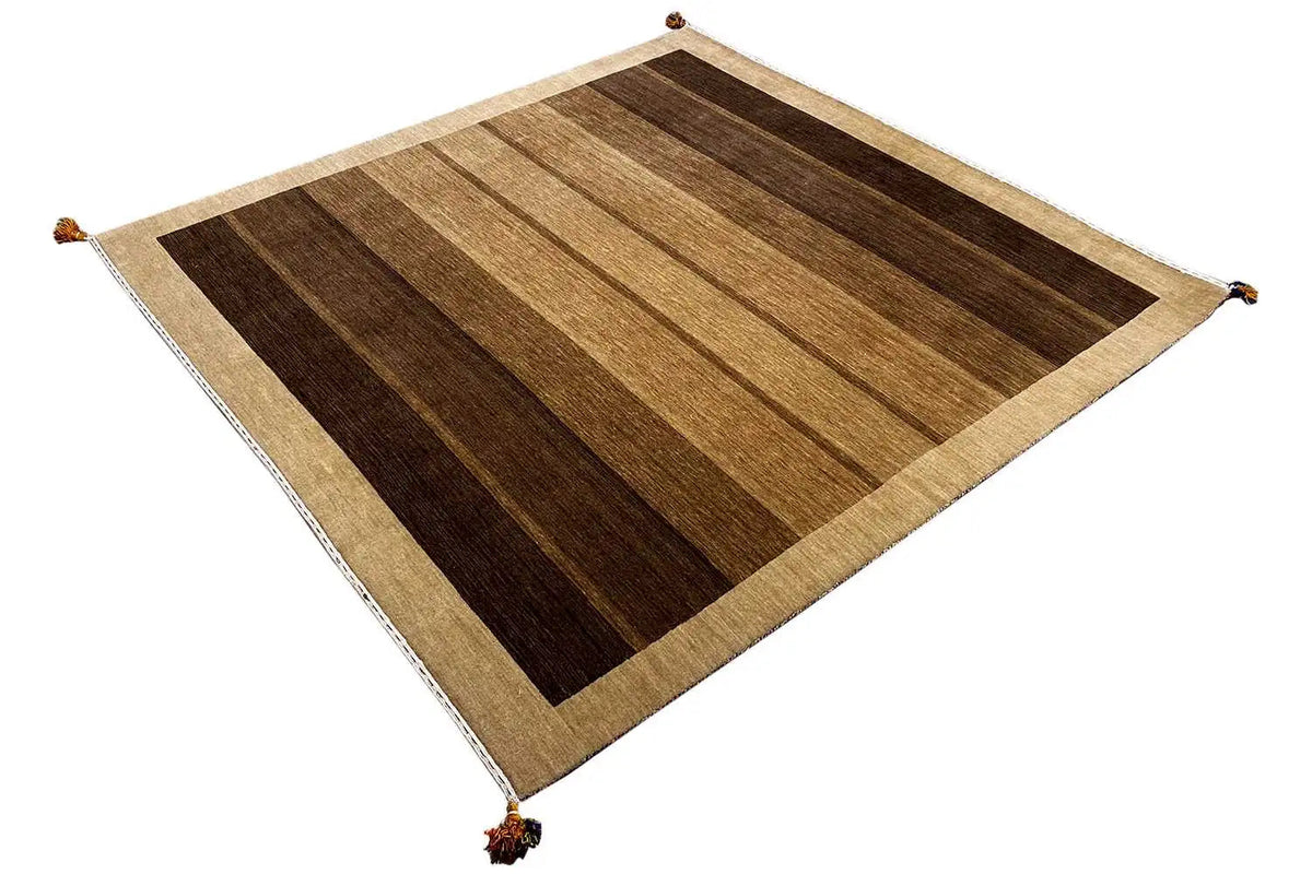 Gabbeh rug 205x201 cm, diagonal, wide brown and beige stripes, corner fringes