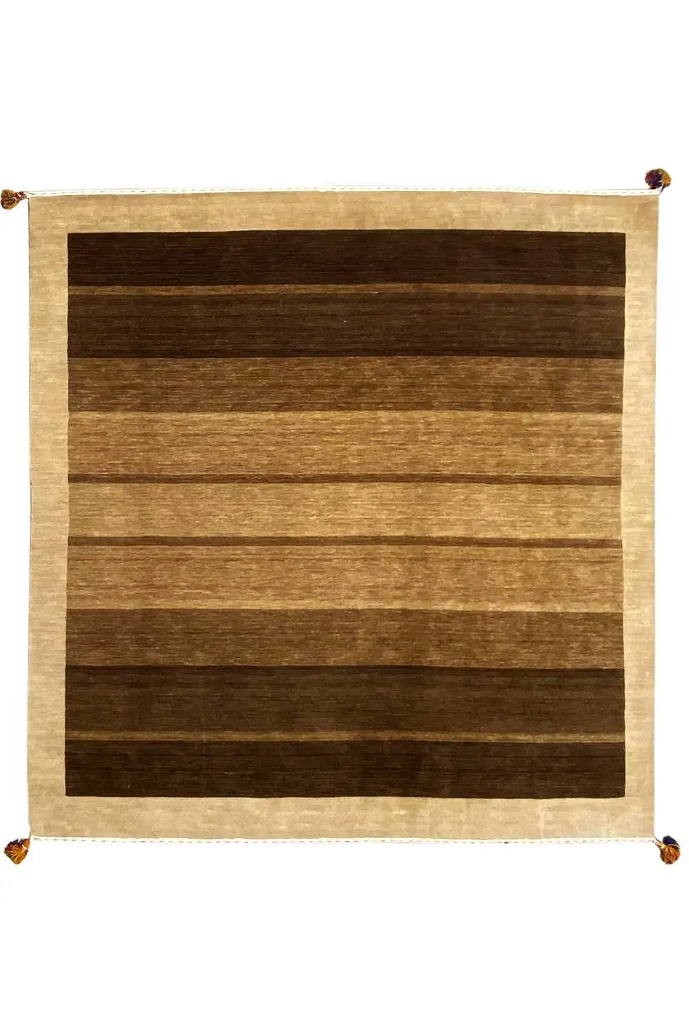 Gabbeh rug 205x201 cm, horizontal stripes in brown/beige, fringes at the corners