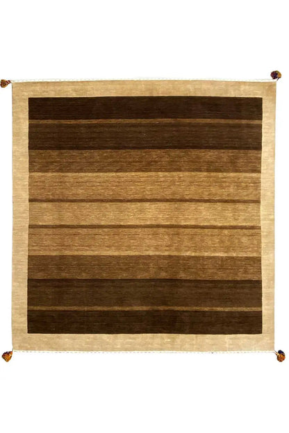 Gabbeh rug 205x201 cm, horizontal stripes in brown/beige, fringes at the corners