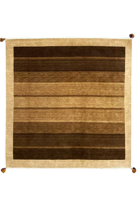 Gabbeh rug 205x201 cm, horizontal stripes in brown/beige, fringes at the corners