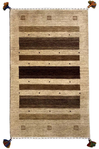 Gabbeh rug 121x72 cm, beige base with brown stripes and corner tassels