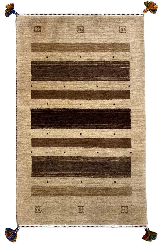 Gabbeh rug 121x72 cm, beige base with brown stripes and corner tassels
