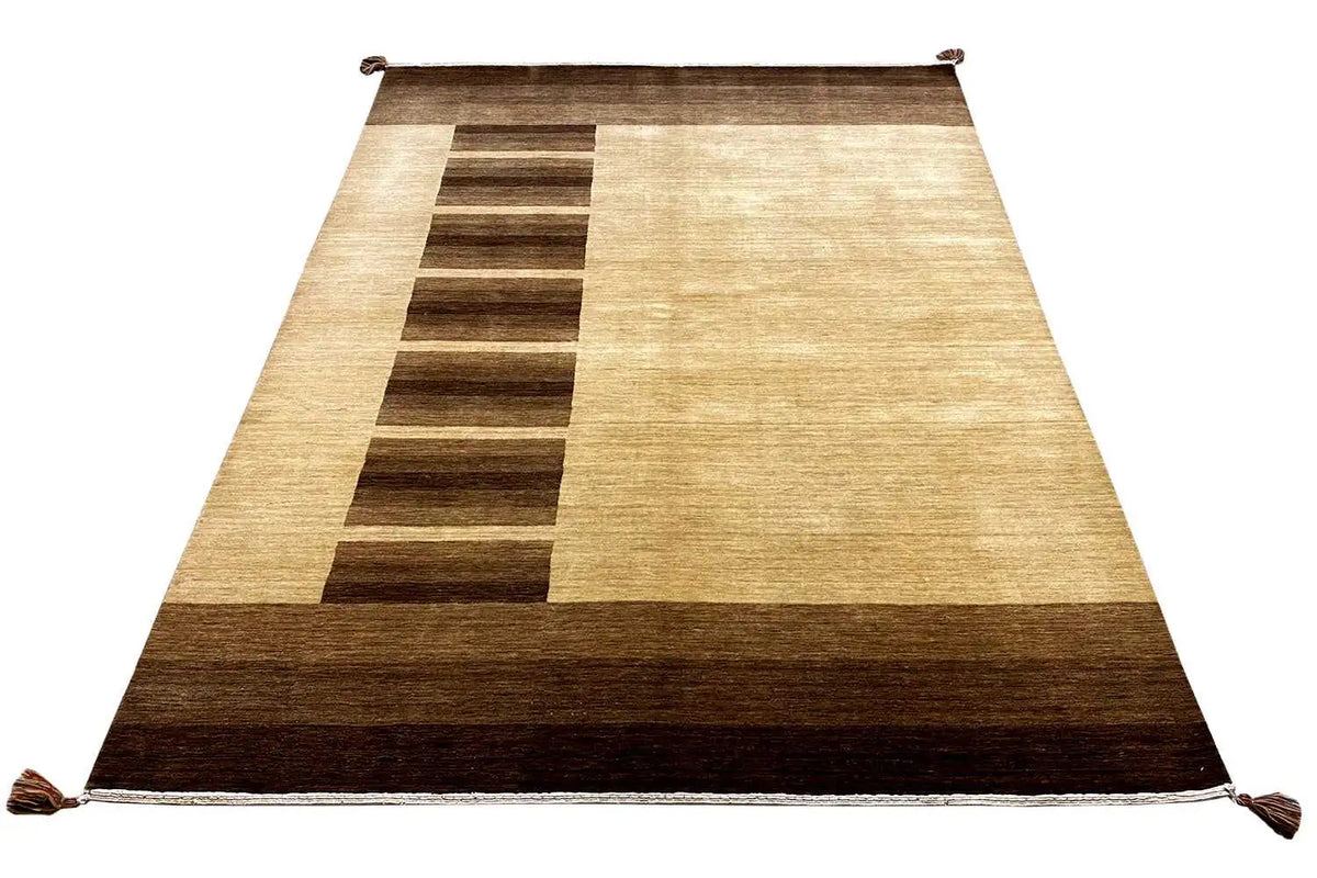 Gabbeh rug, geometric horizontal stripes in beige and dark brown, with tassels at the corners