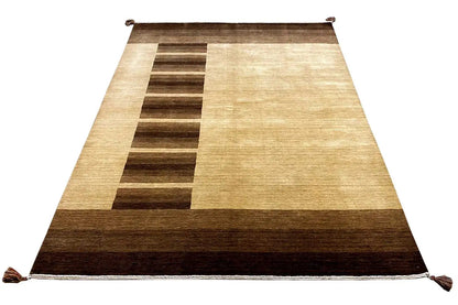 Gabbeh rug, geometric horizontal stripes in beige and dark brown, with tassels at the corners