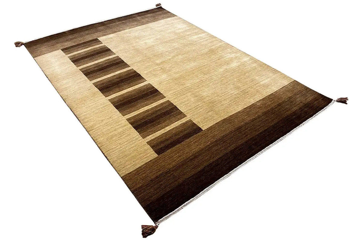 Gabbeh rug with a block and stripe pattern in beige/dark brown, tassels at the corners