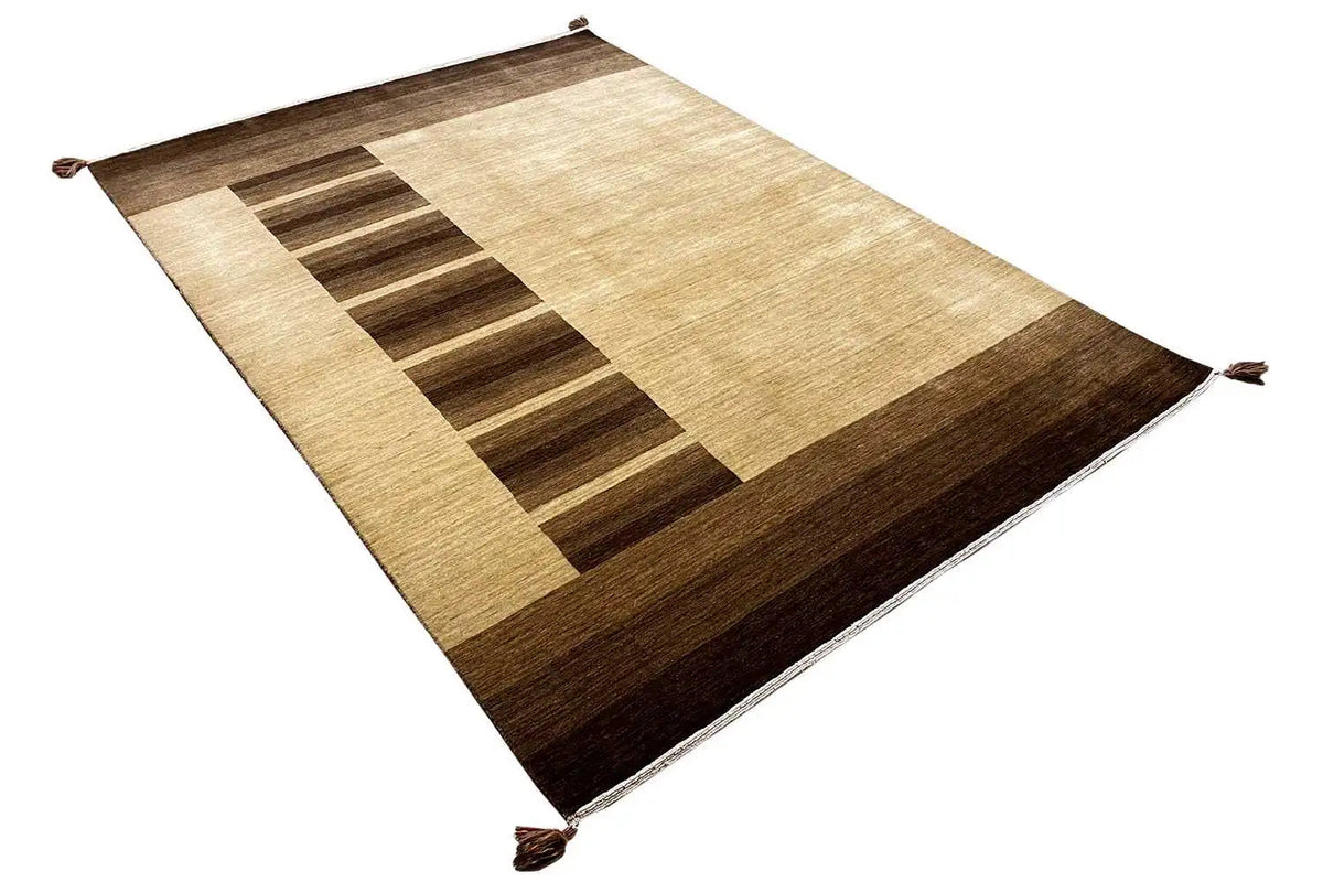 Gabbeh rug with contrasting striped blocks in beige and dark brown, tassels