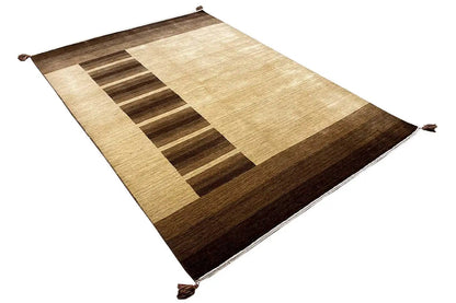 Gabbeh rug with contrasting striped blocks in beige and dark brown, tassels