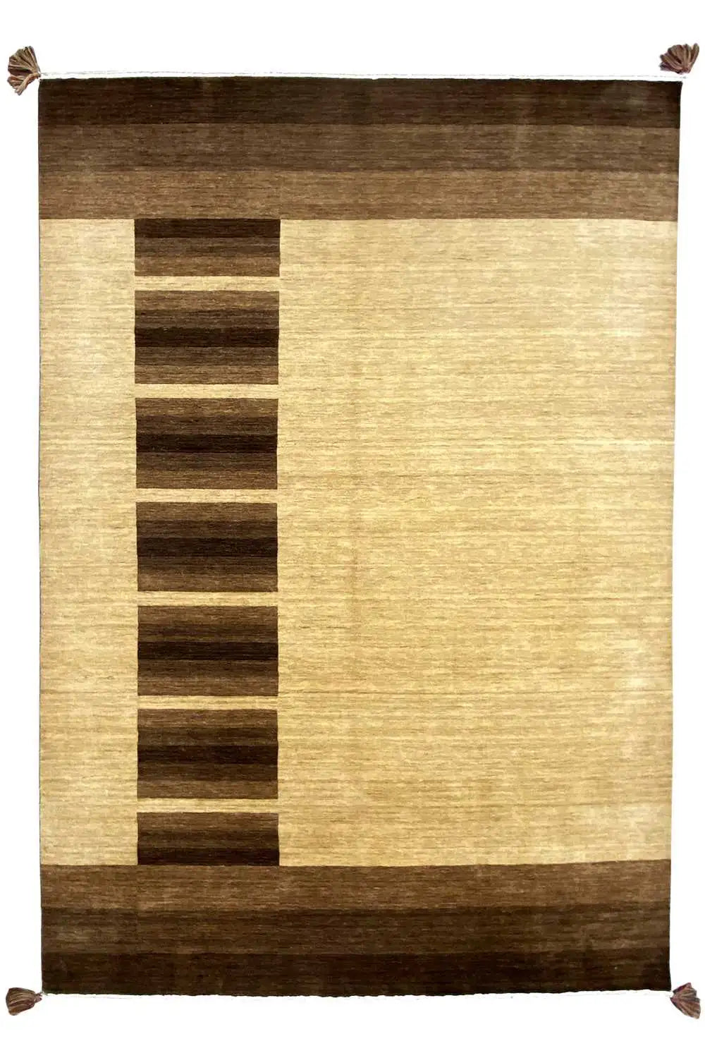 Gabbeh rug with geometric stripes, beige background, dark brown border, tassels