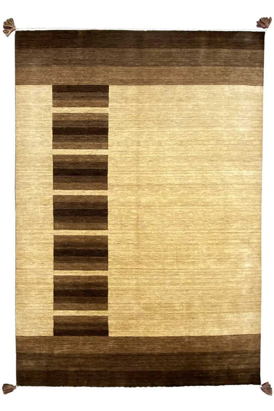 Gabbeh rug with geometric stripes, beige background, dark brown border, tassels