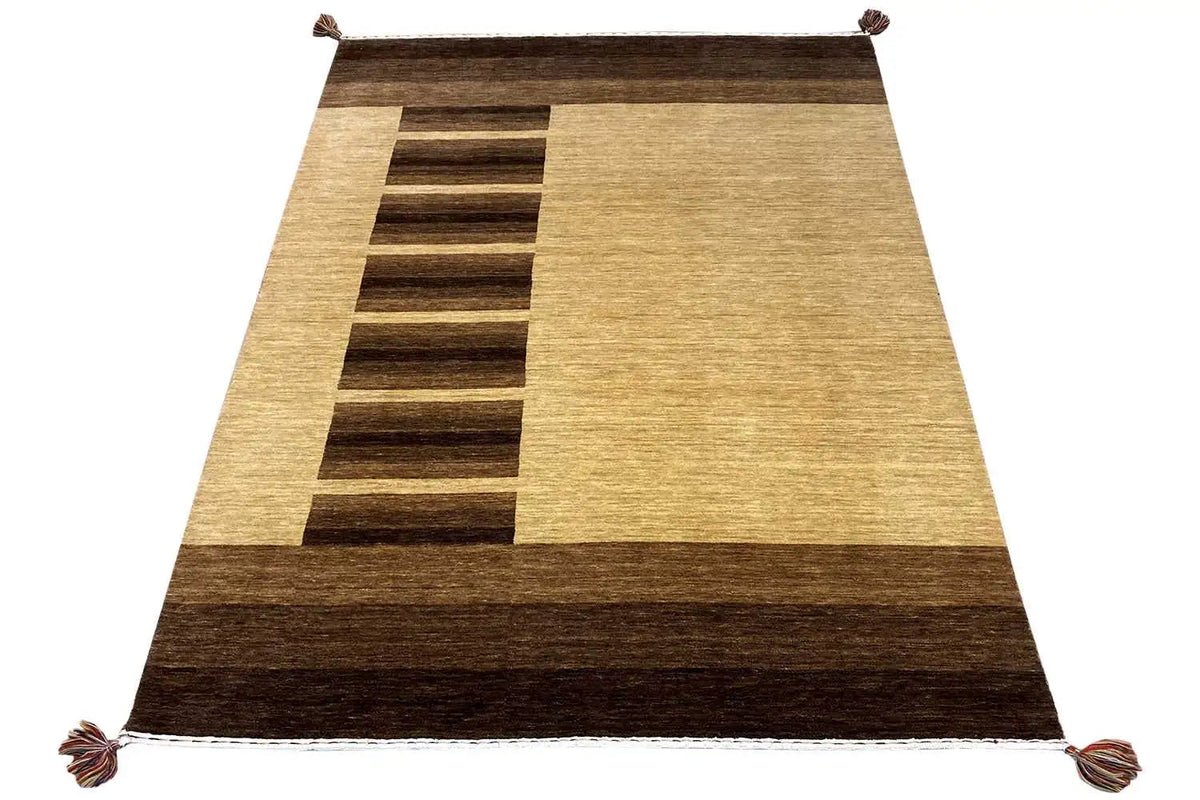 Gabbeh rug in beige and dark brown, geometric pattern, with fringes at the corners