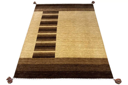 Gabbeh rug in beige and dark brown, geometric pattern, with fringes at the corners