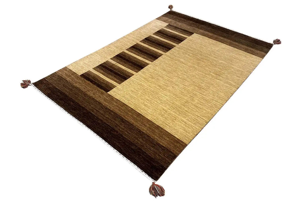 Gabbeh rug with diagonal broad beige and dark brown color blocks, fringes at the corners