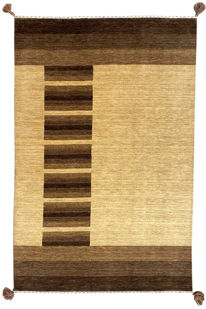 Gabbeh rug with geometric rectangles in beige and dark brown, with fringes