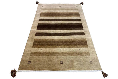 Beige rug with brown horizontal stripes, fringes at the corners, rectangular