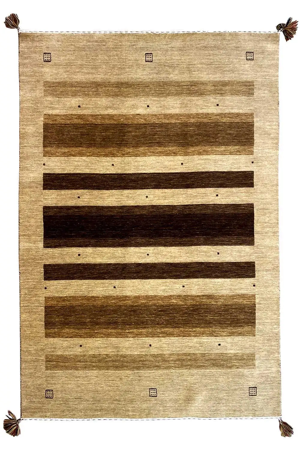 Rug with a beige border, several brown stripes, and fringes at the corners
