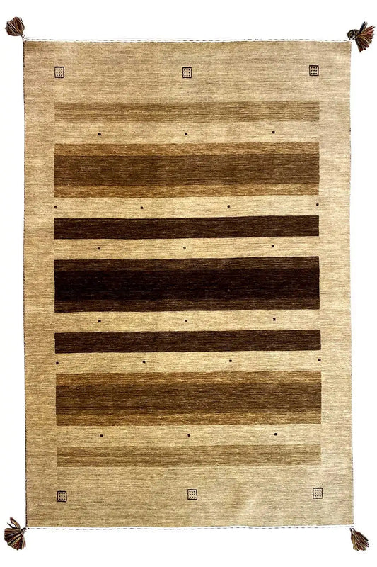 Rug with a beige border, several brown stripes, and fringes at the corners