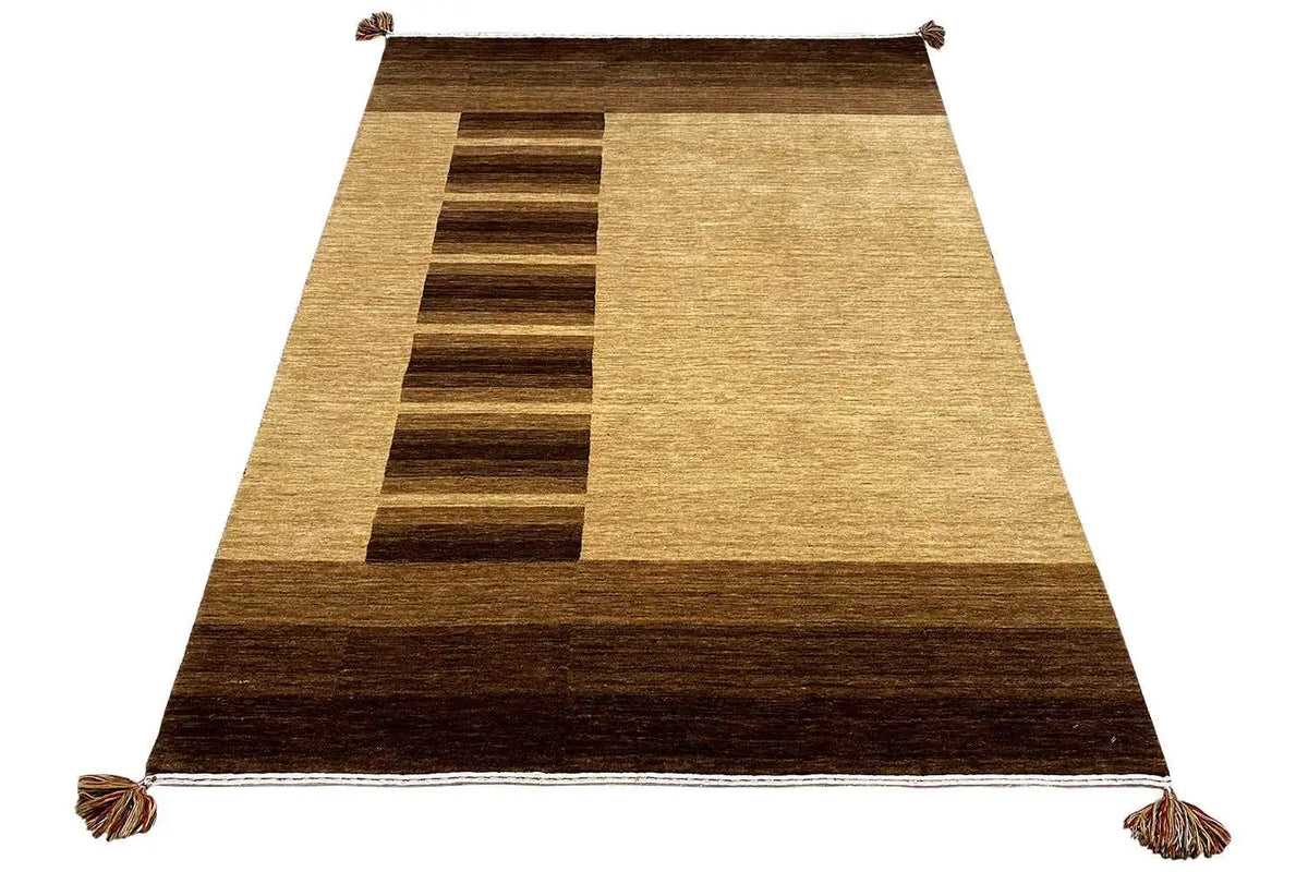 Gabbeh rug 204x141 cm with a geometric striped pattern in brown and beige, fringes