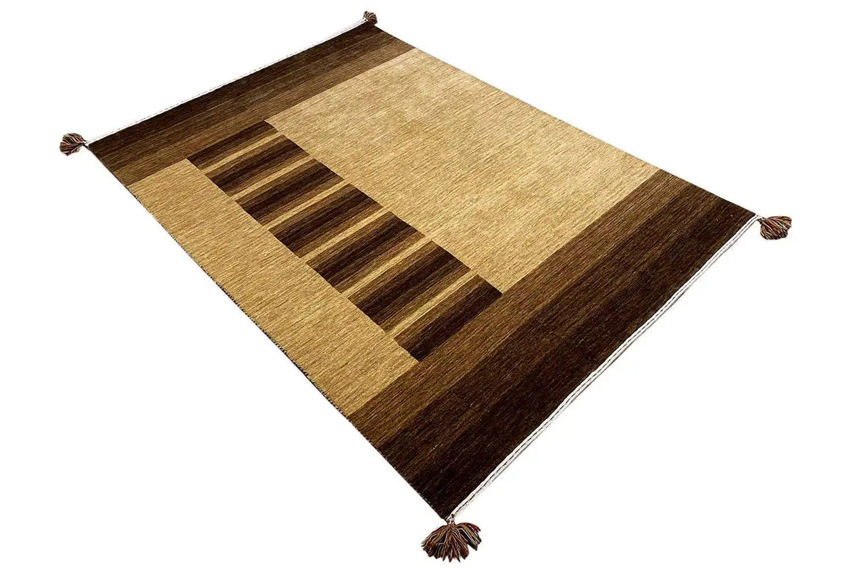 Gabbeh rug 204x141 cm shown at an angle with a diamond pattern and dark brown stripes