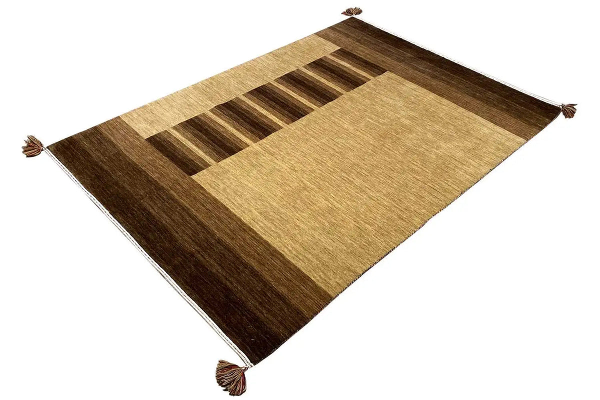 Gabbeh rug 204x141 cm with a rectangular block pattern in brown and beige, fringes