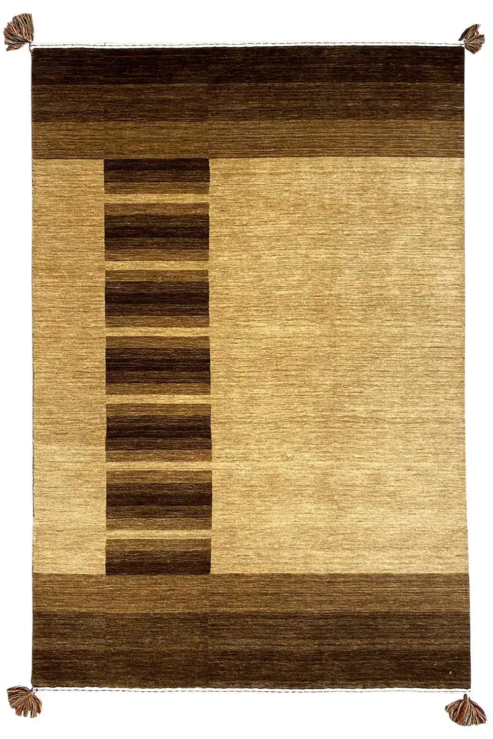 Gabbeh rug 204x141 cm with a brown-beige block pattern and fringes at the corners