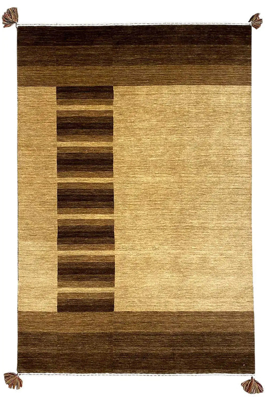 Gabbeh rug 204x141 cm with a brown-beige block pattern and fringes at the corners
