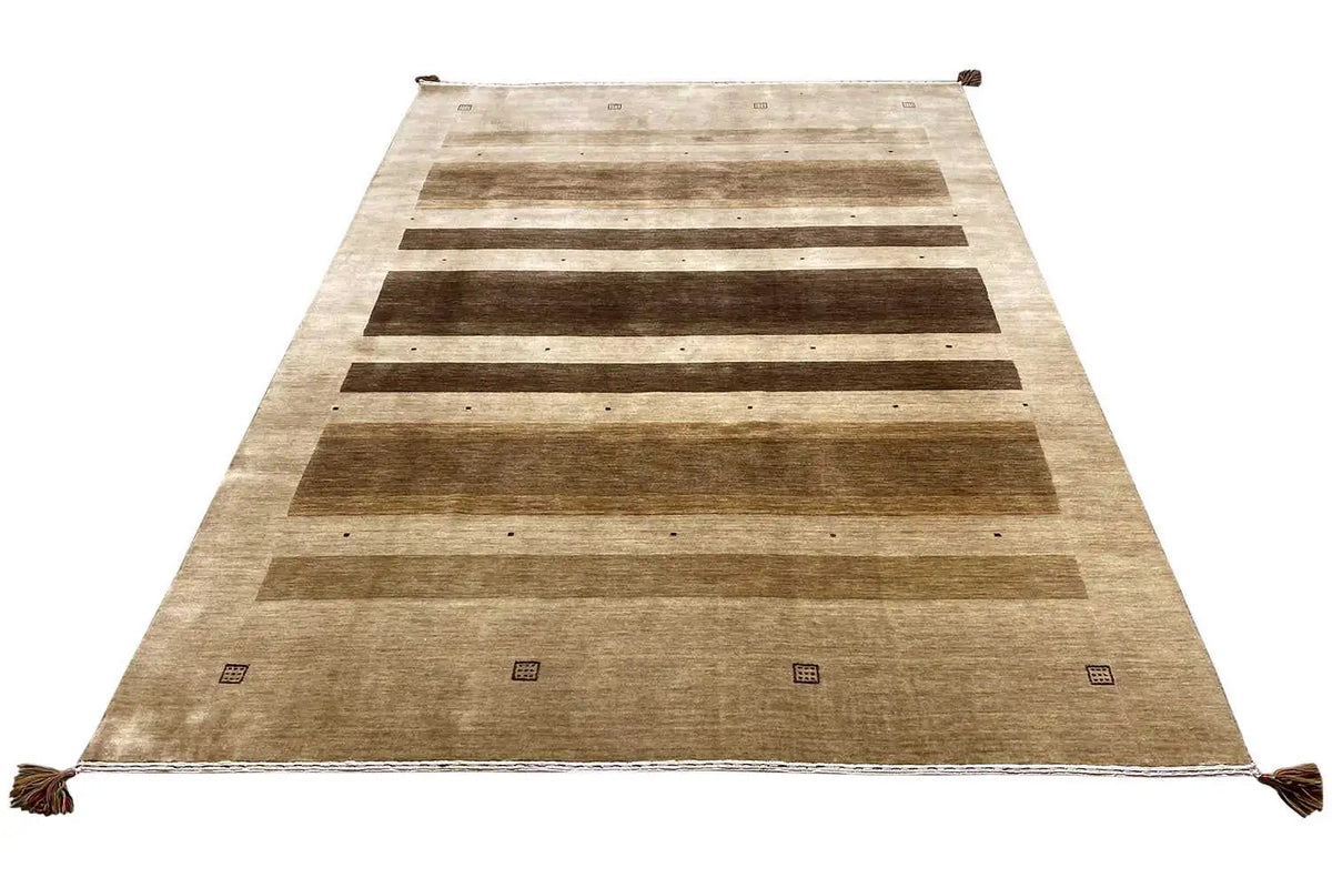 Gabbeh rug, large rectangular striped pattern, fringes at the corners